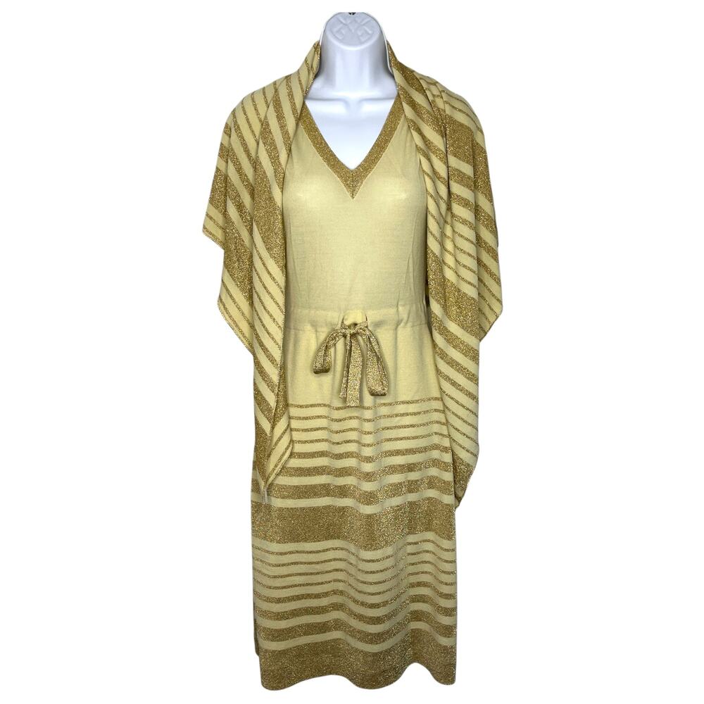 VTG Crissa Shawl V-Neck Midi Dress Set Wool Metallic Gold Italy XS/S Old Money